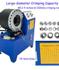 IntsuPimai 4Kw Electric Hydraulic Hose Crimper With 14 Dies For 0 2 To 4 Inch Tube Swaging showing crimper machine and metal dies.