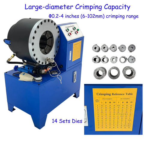 IntsuPimai 4Kw Electric Hydraulic Hose Crimper With 14 Dies For 0 2 To 4 Inch Tube Swaging showing crimper machine and metal dies.