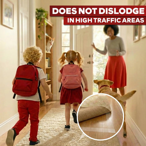 Double Sided Carpet Tape That Keeps Area Rugs In Place And Stays Put On Hardwood And Tile Floors Without Residue Or Damage 2 Inch Wide By 50 Yards Clear Adhesive in a living room with kids and dog.