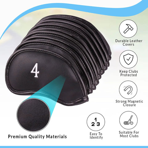 Premium Magnetic Leather Golf Club Head Covers for Irons and Wedges, Set of 10, stacked with visible embroidered numbers.