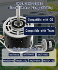 Heavy Duty Furnace Blower Motor Replacement One Third HP Four Speed 115V 1075 RPM For GE And Trane Systems Direct Plug And Play Replacement For MOT9053 MOT09053 MOT16953 MOT18948 MOT13512 MOT04716 MOT04722 Durable Easy Install showing product compatibility and replacement models in front of HVAC units
