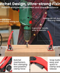 Person using Three Quarters Inch Bench Dog Clamp For MFT Workbenches to secure wood for drilling, showing adjustable clamp in action.