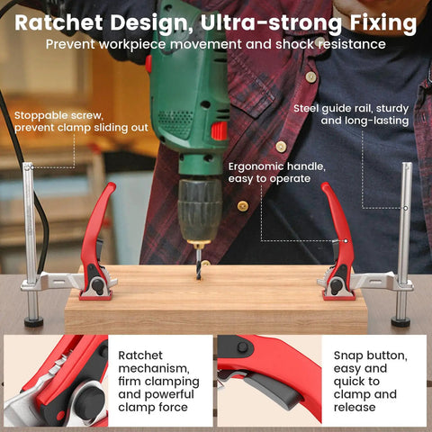 Person using Three Quarters Inch Bench Dog Clamp For MFT Workbenches to secure wood for drilling, showing adjustable clamp in action.