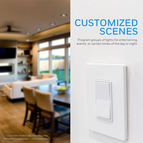 Living room with Add-On Smart Switch With QuickFit And SimpleWire In-Wall White Rocker Paddle For Z-Wave And ZigBee