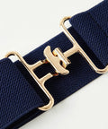 Close-up of gold surcingle on dark blue elastic belt from Equestrian Elastic Belt For Women Two Piece Riding Belt Set