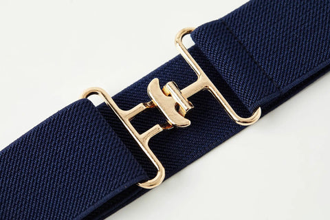 Close-up of gold surcingle on dark blue elastic belt from Equestrian Elastic Belt For Women Two Piece Riding Belt Set