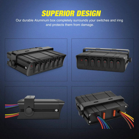 Beefy 6 Gang Rocker Switch Box Panel with aluminum housing and adjustable mounting bracket for 12V 24V automotive and boats