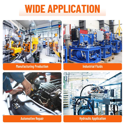 Four-panel collage of industrial equipment: manufacturing production, industrial fluids, automotive repair, and hydraulic application.