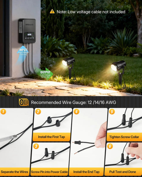 12 Pack Landscape Lights Kit With 300W Dual Zone Low Voltage Transformer 12V LED Landscape Lighting 3000K Warm White Waterproof Aluminum Spotlights With Connectors For Yard Tree Garden W01LK06 Easy DIY Install showing installation steps and illuminated garden path.