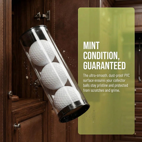 Clear Golf Ball Display Tubes With Caps, See Through PVC Ball Holders For Collectors To Show Off, 4 Pack, in a cabinet