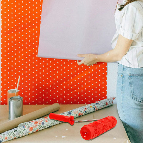 DIY Patterned Rubber Painting Roller For Textured Wall Art Decoration And Reusable Embossing Texture Tool That Creates Straight Up Stunning Wallpaper Vibes On Any Room With Minimal Effort beside floral wrapping paper.