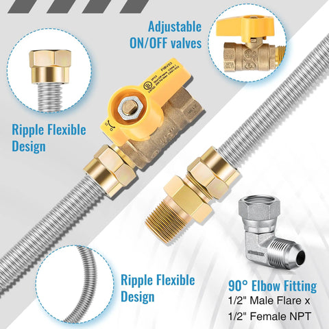 2 Pack 48 Inch Gas Hose Connector Universal Gas Appliance Hook Up Kit With 1/2 Inch On/Off Valve And Four Couplings For Propane Stove