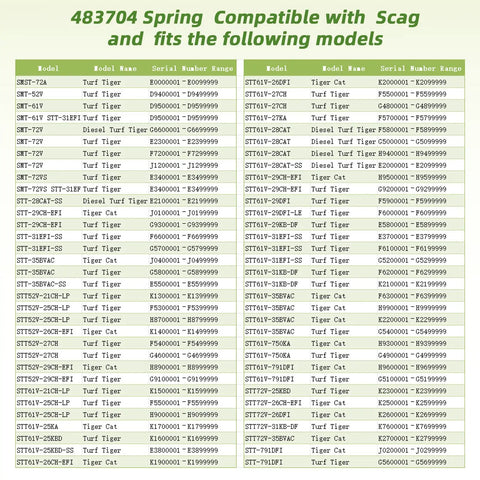 483704 Spring Compatibility Chart for Scag Turf Tiger and Tiger Cat Mowers
