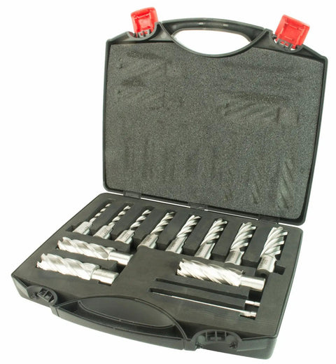 Heavy Duty Workhorse Magnetic Drill Press With 1700W Variable Speed Motor And Weldon Shank, 13 piece annular cutter kit in case.