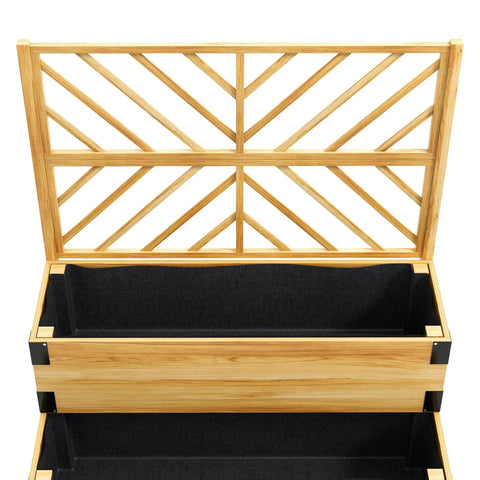 Front view of Two Tier Raised Garden Bed With Trellis Elevated Wooden Planter Box On Legged Frame With Metal Corners For Vegetables Flowers And Herbs In Natural Finish.