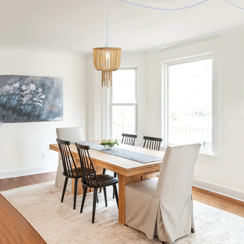 16 Inch Modern Drum Pendant Light With Fabric Shade Rustic Hanging Drum Chandelier Boho Style Plug In Fixture Handmade Wood Bead Accents in dining room