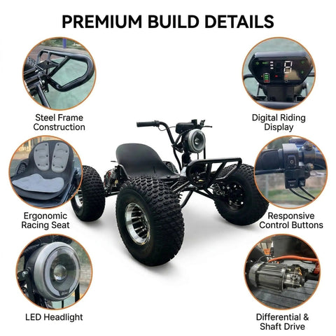 Image of Electric Off Road Go Kart For Teens And Adults With Peak 4000W Brushless Power showing digital display and tires.