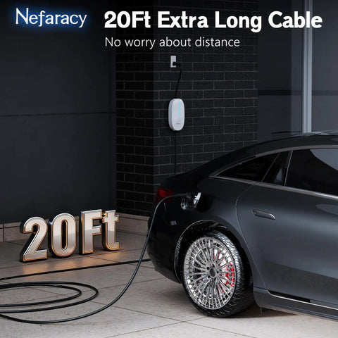 Portable Level 1 And Level 2 EV Charger With 20 Ft Cable, 15A 110V To 240V, NEMA 6-20 And NEMA 5-15 Plug charging car in garage