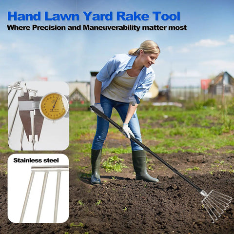 Woman using Leaf Rake With Eight Round Tine Design For Quick Lawn Cleanup Metal Garden Rake on dirt field