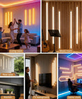 LED Recessed Lighting Kit for Slat Wall Panels, 6PCS Dimmable 3000K Warm White LED Strip Lights with Touch Switch in various room settings.
