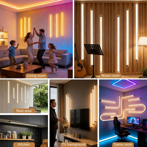 LED Recessed Lighting Kit for Slat Wall Panels, 6PCS Dimmable 3000K Warm White LED Strip Lights with Touch Switch in various room settings.