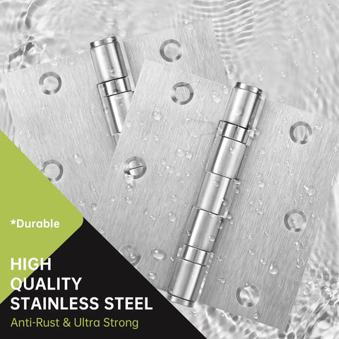 Heavy Duty Square Door Hinges 3.5 By 3.5 Inch Set Of Three Ball Bearing Rust Proof Stainless Steel Brushed Nickel Finish close-up.