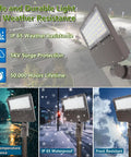 Two Pack 100W LED Parking Lot Lights With Dusk To Dawn Photocell shown with all-weather resistance and durability features.