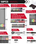 58 Piece Screwdriver Bit Set With Impact Bits, Mini Wrench, Step Drill, 1 Quarter Inch Socket Adapter, Impact Bit Extension displayed