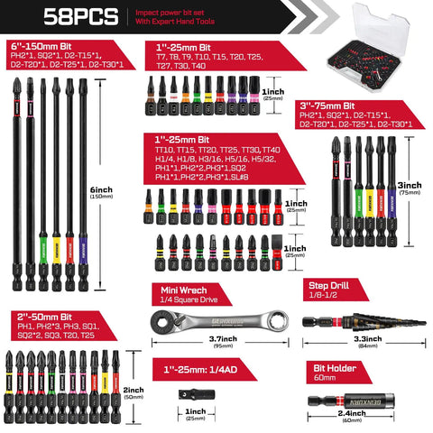 58 Piece Screwdriver Bit Set With Impact Bits, Mini Wrench, Step Drill, 1 Quarter Inch Socket Adapter, Impact Bit Extension displayed