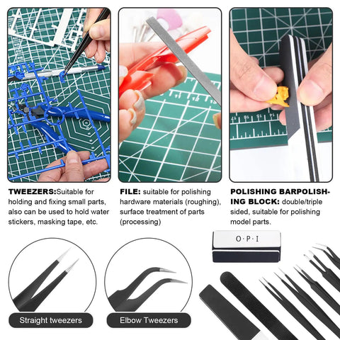 Hands using tools from 101-Piece Gundam Model Tools Kit For Building And Repairing Gundam Models Precision Nippers Tweezers Files Scribes