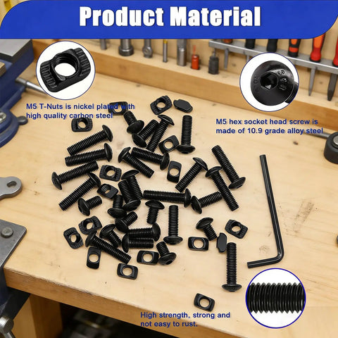 All In One M5 T Nuts And Bolts Kit For 2020 Aluminum Extrusion on workbench, includes hex screws and wrench, carbon steel, alloy steel components visible