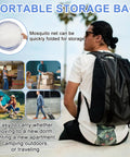 Two Large Pop Up Mosquito Nets Set For Bed Camping And Travel Portable Foldable Bug Netting Mesh Canopy For Adults Includes Storage Bag 74.8 x 35 x 35 Inches Ideal For Patio Or Bedroom, showing travel portability with backpack and storage bag