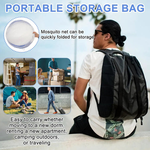 Two Large Pop Up Mosquito Nets Set For Bed Camping And Travel Portable Foldable Bug Netting Mesh Canopy For Adults Includes Storage Bag 74.8 x 35 x 35 Inches Ideal For Patio Or Bedroom, showing travel portability with backpack and storage bag