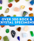 Close-up of colorful crystals and rocks from Rock Collection Kit For Kids With 300 Plus Real Gemstones Crystals And Minerals Includes Two Geodes To Crack Open Hands On Science Gear For STEM Fun The Ultimate Geology Gift For Boys And Girls.