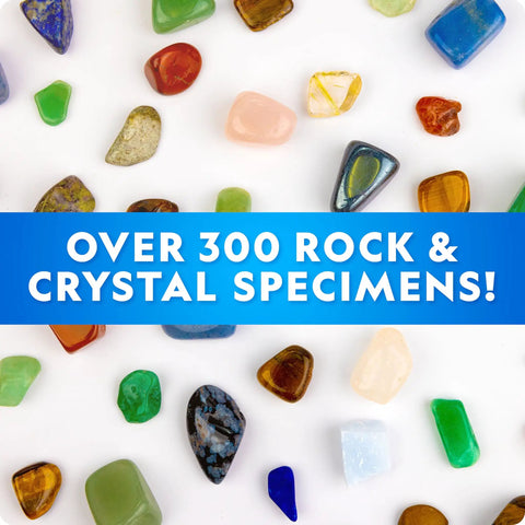 Close-up of colorful crystals and rocks from Rock Collection Kit For Kids With 300 Plus Real Gemstones Crystals And Minerals Includes Two Geodes To Crack Open Hands On Science Gear For STEM Fun The Ultimate Geology Gift For Boys And Girls.