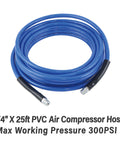 Coiled blue 25ft PVC air hose from 9 Piece Air Compressor Accessories Kit With 25 Foot One Quarter Inch PVC Hose, Brass Fittings, Quick Connect Coupler, Blow Gun, Tire Gauge, Chuck And More, 300 PSI Rated For Auto Shop And DIY Projects