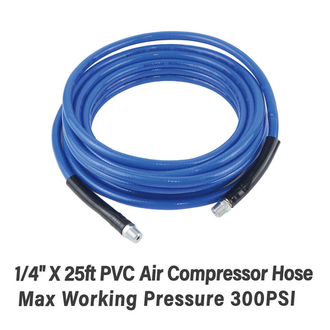 Coiled blue 25ft PVC air hose from 9 Piece Air Compressor Accessories Kit With 25 Foot One Quarter Inch PVC Hose, Brass Fittings, Quick Connect Coupler, Blow Gun, Tire Gauge, Chuck And More, 300 PSI Rated For Auto Shop And DIY Projects