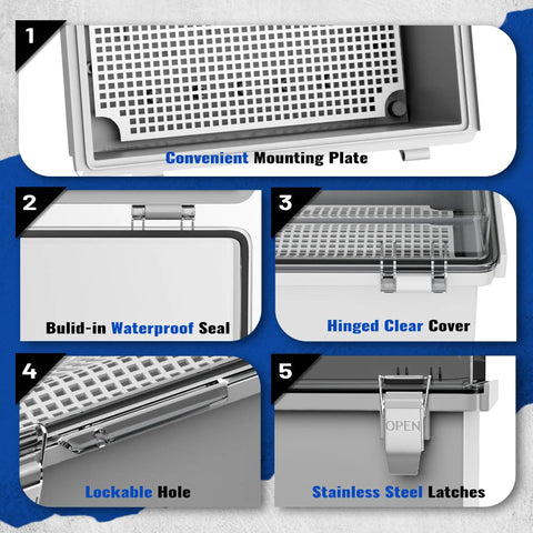 Close-up of IP67 Waterproof Electrical Junction Box showing mounting plate, seal, hinged cover, lockable hole, and latches.