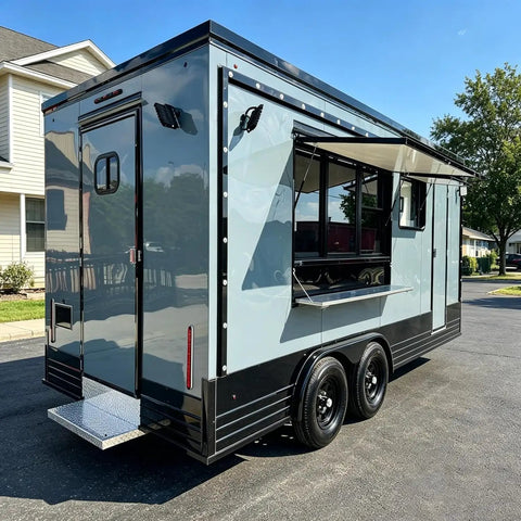 Custom Rollout Food Trailer Kitchen Unit Featuring Heavy Duty Refrigerator Commercial Sink And Stainless Steel Juicer Station with awning.