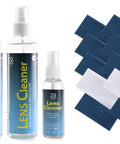 Lens cleaner spray kit for eyeglasses with two tall bottles, one small spray bottle, and 10 blue and white microfiber cloths.