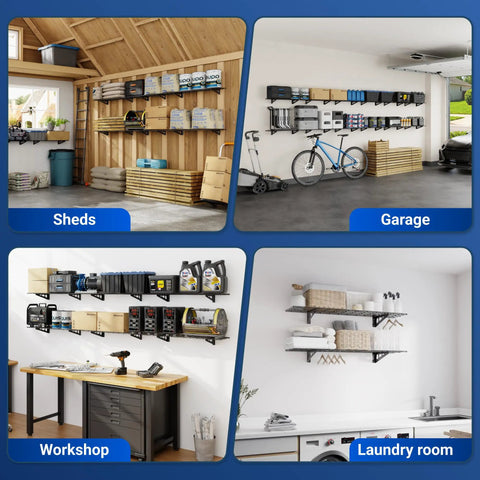 Two Pack 1x4 Foot Wall Shelf Garage Storage Rack Wall Mounted Floating Shelves Black Classic Series Heavy Duty Steel Construction Supports Up To 300 Lbs Total For Garage Pantry Kitchen Organization in shed, garage, workshop, and laundry room