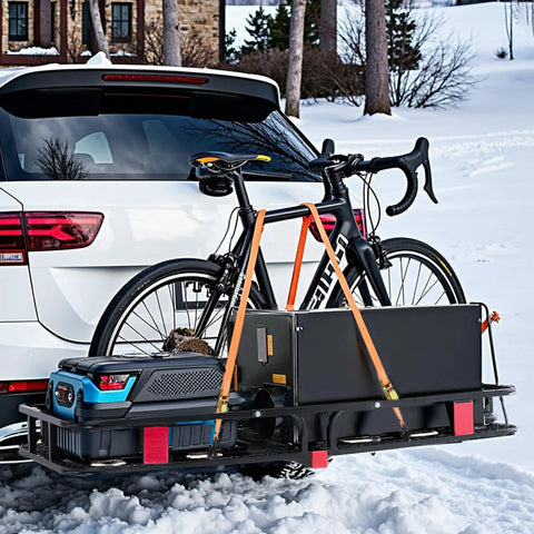 Foldable Hitch Carrier 60x24x6 Inch With 500lb Capacity attached to SUV carrying bike and gear