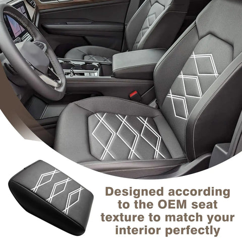 Center Console Armrest Cover For Volkswagen Atlas And Cross Sport 2024 To 2026 Premium Vegan Leather in car interior.