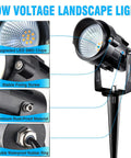 Close-up of low voltage landscape lighting spotlight with connectors, upgraded LED SMD chips, IP67 waterproof, 12-24V, 3000K.
