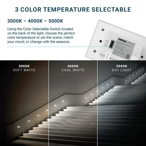 3 color temperatures of 12 Pack 120V Dimmable LED Step Lights For Indoor And Outdoor Use With 3 Color Temperatures 3000K 4000K 5000K Aluminum Stair Deck Lighting 2.5W 130LM IP65 ETL Listed White Finish