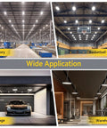Ultra Bright 155W UFO LED High Bay Light With 22500 Lumen Output, 5000K Daylight, IP65 Waterproof, installed in various spaces