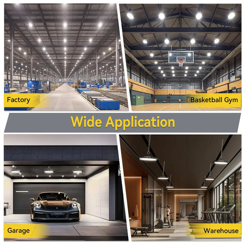 Ultra Bright 155W UFO LED High Bay Light With 22500 Lumen Output, 5000K Daylight, IP65 Waterproof, installed in various spaces
