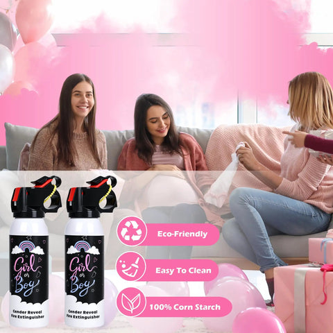 Hella Dope Gender Reveal Smoke Powder Spray Canister With Extended Range Eco Friendly Biodegradable Corn Starch Party Cloud For Boys Blue And Girls Pink Celebration Vibes, displayed with excited friends.