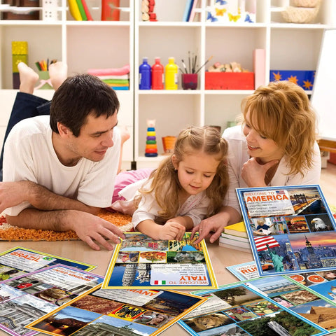 Family exploring World Cultures Poster Set 12 Pack For Classrooms Multicultural Social Studies Decor That Boosts Middle And High School Vibe Flags National Animals Foods Landscapes And Diverse Cultural Learning Materials.