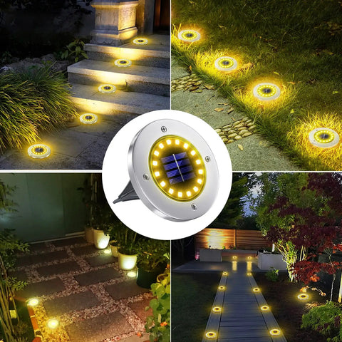 Lit 16 LED Solar Ground Lights Outdoor Warm White Disk Lights illuminating pathways and driveways in garden settings.
